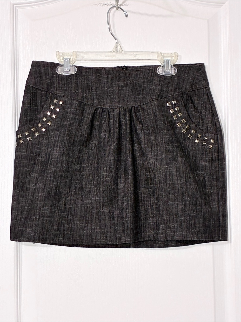 Y2K Romeo & Juliet Couture Stud Pocket Drop Waist Mini Jean Skirt USA MADE Gray